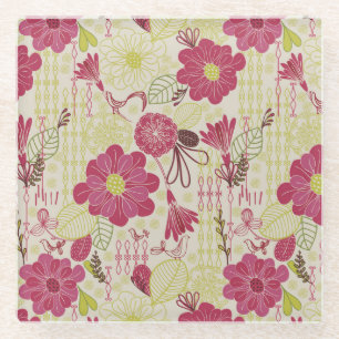 Retro Floral and Birds Sketch Pattern Glass Coaster