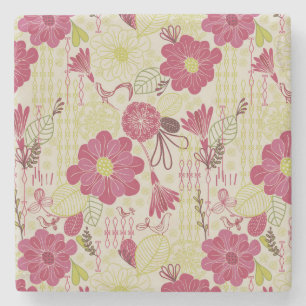 Retro Floral and Birds Sketch Pattern Stone Coaster