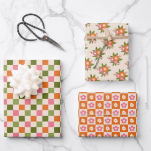 Retro Floral and Checkerboard Pink Orange Green Wrapping Paper Sheet