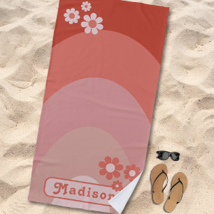 Retro Floral Arch Groovy Name Beach Towel