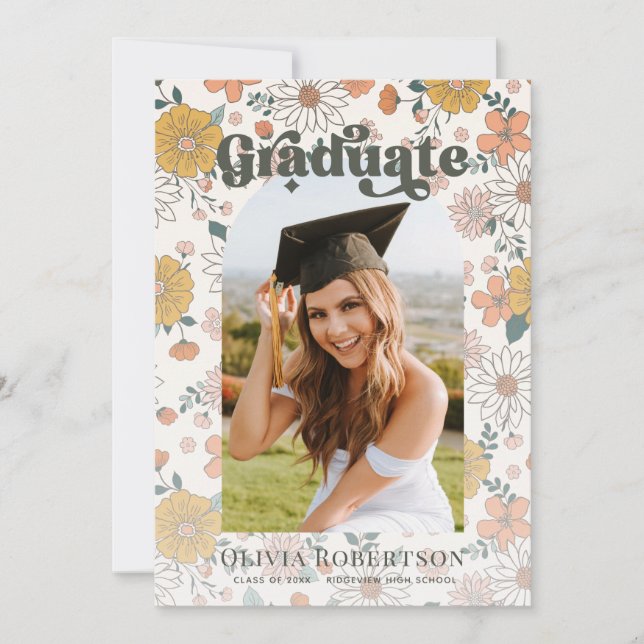 Retro Floral Arch Photo Graduation Announcement (Front)