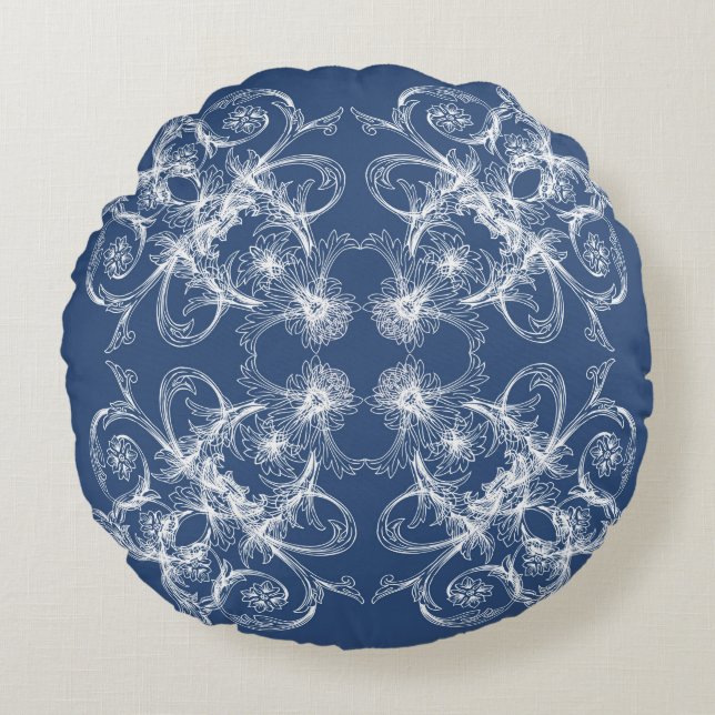 Retro floral Baroque Navy Round Cushion (Front)