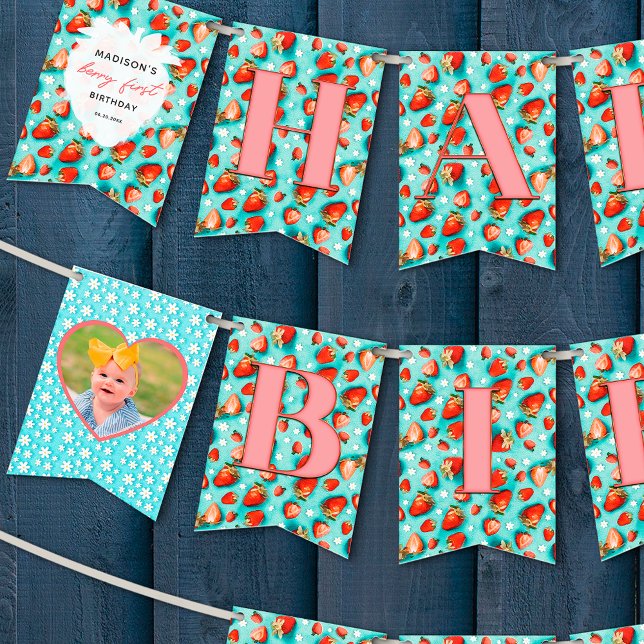 Retro Floral Berry First Happy Birthday Photo Bunting (Creator Uploaded)