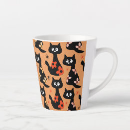 Retro Floral Black Cats (Orange) Latte Mug