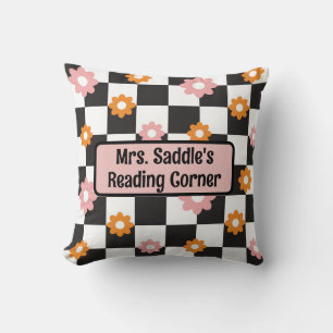 Retro, floral black & white checked reading corner cushion
