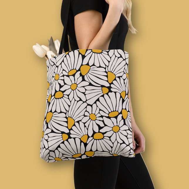 Retro Floral black yellow block print Tote Bag (Bold boho floral pattern tote bag in black with cream and mustard yellow cut out flowers)