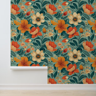 Retro Floral Bohemian Orange Mint Green Wallpaper