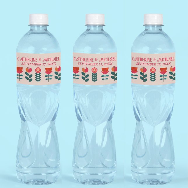 Retro Floral Boho Bright And Bold Wedding Water Bottle Label (Creator Uploaded)