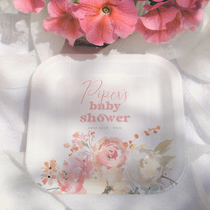 Retro Floral Boho Girl Baby Shower Paper Plate