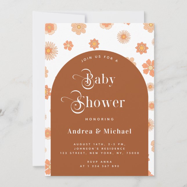 Retro Floral & Boho Terracotta Arch Baby Shower Invitation (Front)