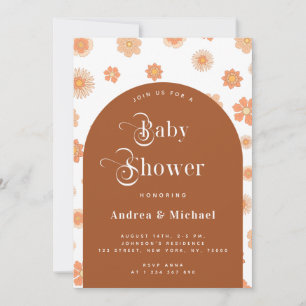 Retro Floral & Boho Terracotta Arch Baby Shower Invitation