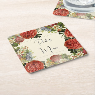Retro Floral BOHO Wedding Invitation Square Paper Coaster