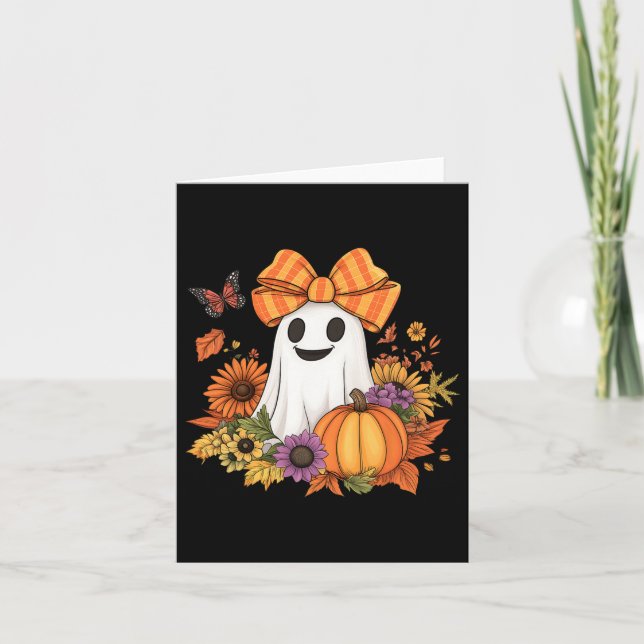 Retro Floral Boo Ghost Pumpkin Bow Halloween Women Card (Front)