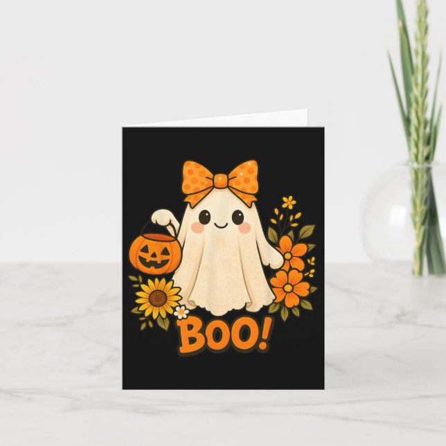 Retro Floral Boo Ghost Pumpkin Bow Halloween Women Card (Front)