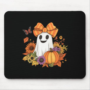 Retro Floral Boo Ghost Pumpkin Bow Halloween Women Mouse Pad