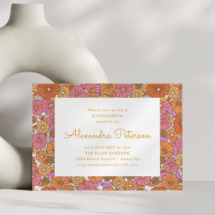 Retro Floral Border Orange Pink Quinceañera Invitation