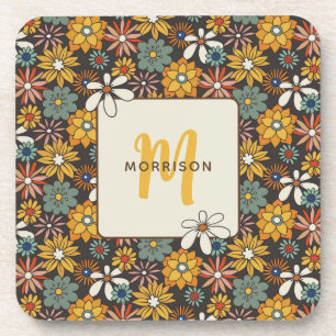 Retro Floral Brown Gold Teal Personalised Coaster