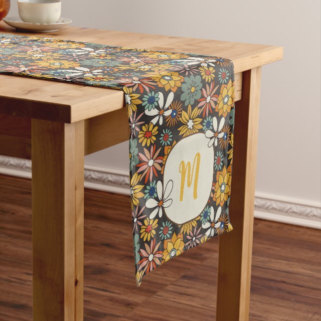 Retro Floral Brown Gold Teal Personalised  Long Table Runner (In Situ)