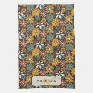 Retro Floral Brown Gold Teal Personalised  Tea Towel