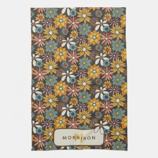 Retro Floral Brown Gold Teal Personalised  Tea Towel