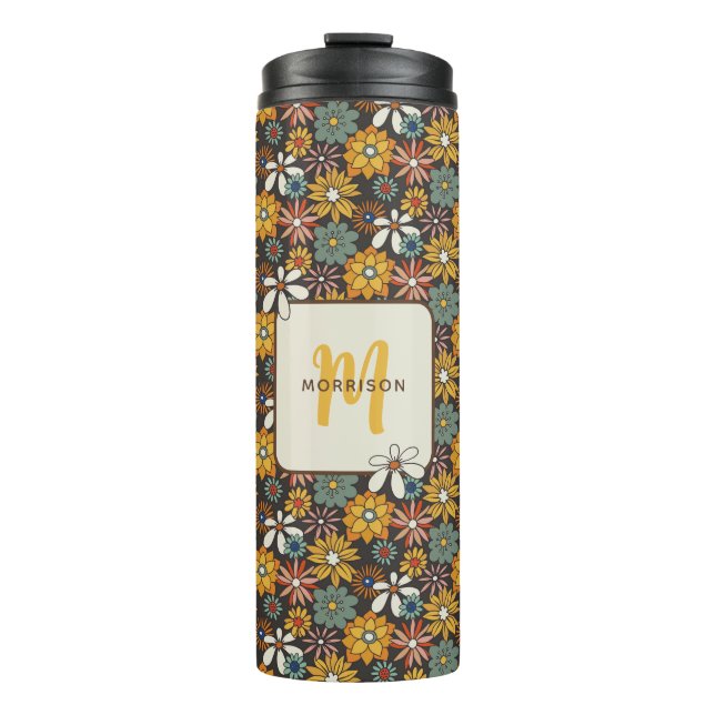 Retro Floral Brown Gold Teal Personalised  Thermal Tumbler (Front)