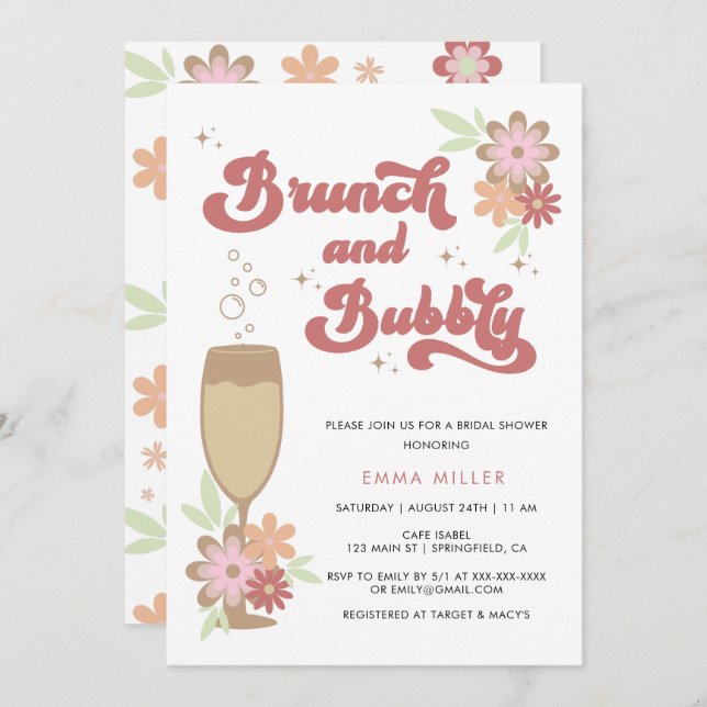 Retro Floral Brunch and Bubbly Bridal Shower Invitation (Front/Back)