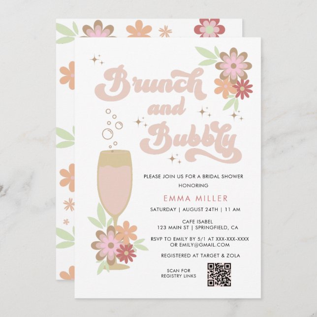 Retro Floral Brunch and Bubbly Bridal Shower  Invitation (Front/Back)