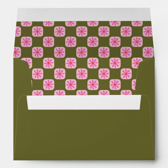 Retro Floral Chequerboard Pink Green Bat Mitzvah  Envelope (Back (Bottom))