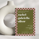 Retro Floral Chequerboard Pink Green Bat Mitzvah Invitation<br><div class="desc">Retro Floral Chequerboard Pink and Green Bat Mitzvah Invitation</div>