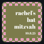 Retro Floral Chequerboard Pink Green Bat Mitzvah  Square Sticker<br><div class="desc">Custom Retro Floral Chequerboard Pink and Green Bat Mitzvah Invitation</div>