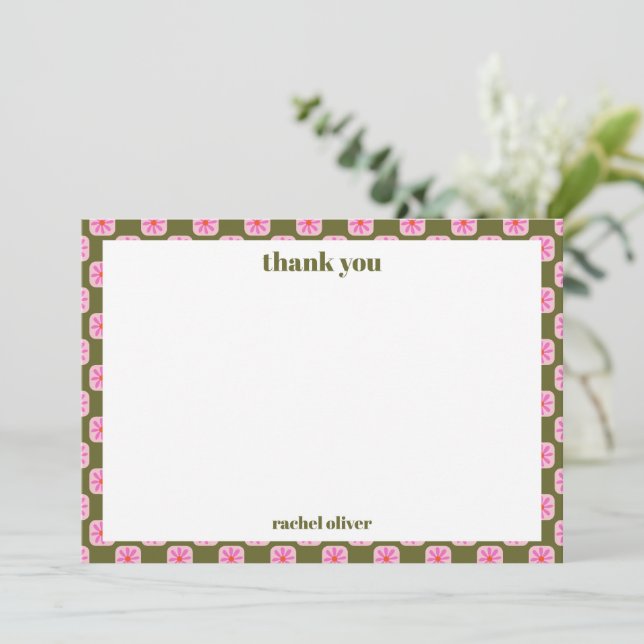 Retro Floral Chequerboard Pink Green Bat Mitzvah  Thank You Card (Standing Front)