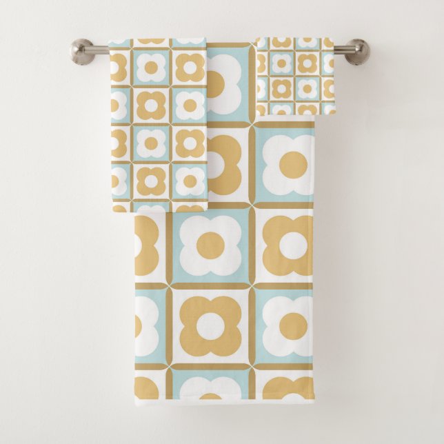 Retro Floral Chequered Pattern Aqua, Gold Yellow Bath Towel Set (Insitu)