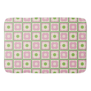 Retro Floral Chequered Pattern Pink and Green Bath Mat