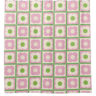 Retro Floral Chequered Pattern Pink and Green Shower Curtain
