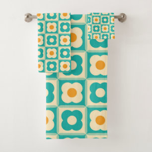 Retro Floral Chequered Pattern Teal, Cream, Orange Bath Towel Set