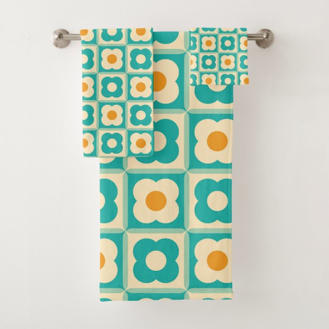 Retro Floral Chequered Pattern Teal, Cream, Orange Bath Towel Set (Insitu)