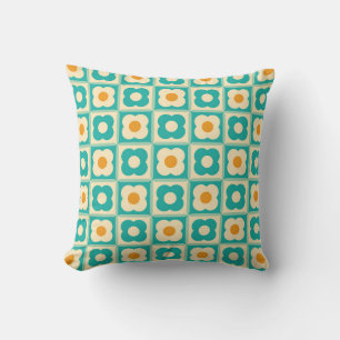 Retro Floral Chequered Pattern Teal, Cream, Orange Cushion