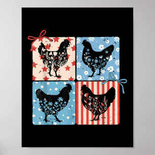 Retro Floral Chicken 4th Of July Farmhouse Indepen Poster