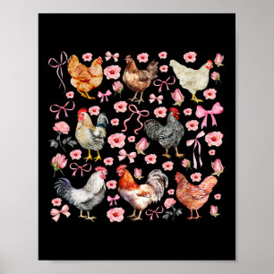 Retro Floral Chicken Coquette Bows Farm Animal Far Poster