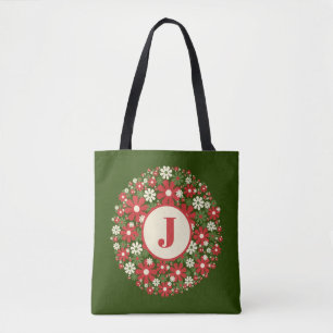 Retro Floral Christmas Wreath 60s 70s Initial Tote Bag