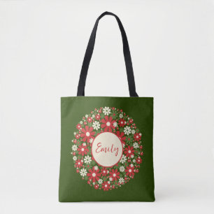 Retro Floral Christmas Wreath 60s 70s Personalised Tote Bag