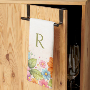 Retro Floral Colorful Monogram Tea Towel