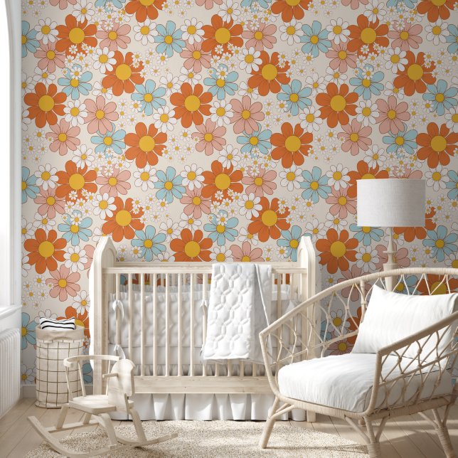 Retro Floral Colourful Daisy Pattern Wallpaper (Kids)