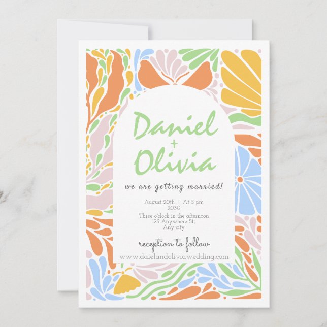 Retro Floral Colourful Frame Wedding Invitation (Front)