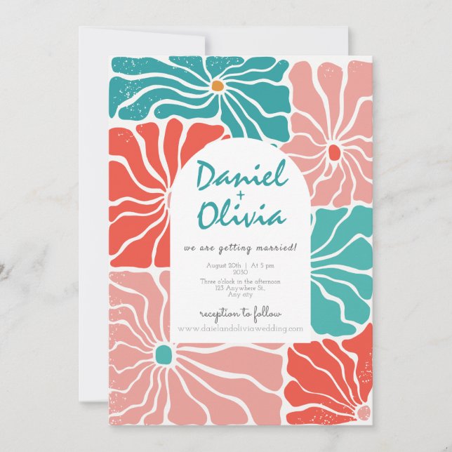 Retro Floral Colourful Wedding Invitation (Front)