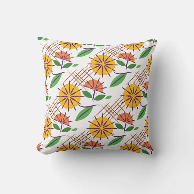 Retro Floral Contemporary Pattern Yellow + Orange Cushion (Front)