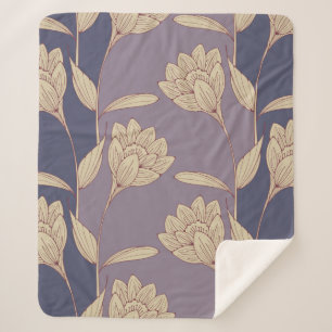 retro floral crocus wallpaper tile in blue mauve s sherpa blanket
