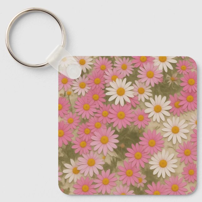 Retro Floral Daisy Pattern Aesthetic Design Key Ring (Front)