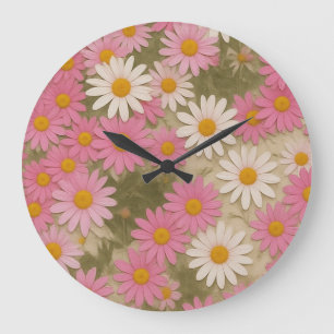 Retro Floral Daisy Pattern Aesthetic Design Large Clock