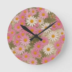 Retro Floral Daisy Pattern Aesthetic Design Round Clock